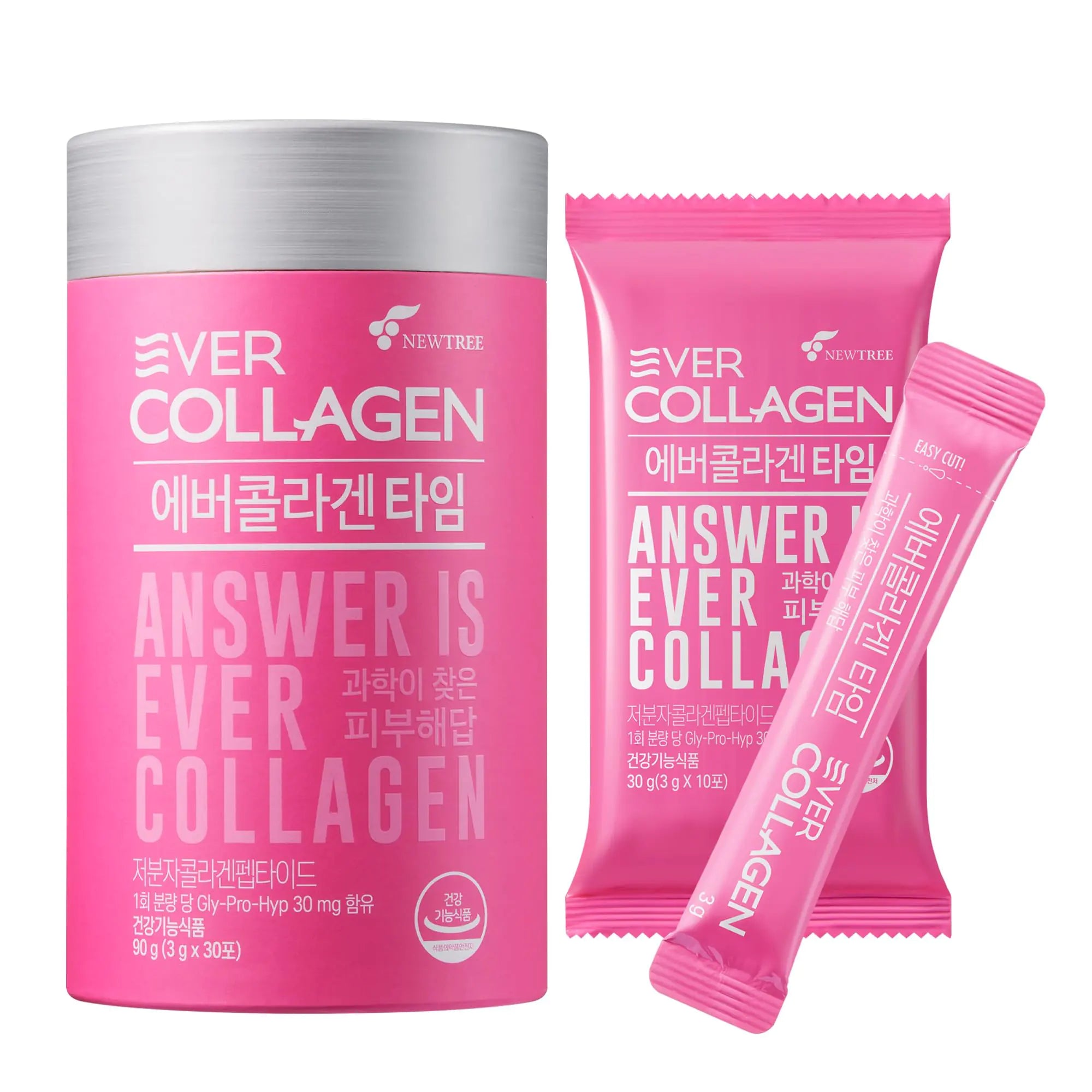 EVER COLLAGEN TIME NEWTREE – Low Molecular Marine Collagen Peptide Sticks for Skin, Hair & Nails | Type I & III Collagen Supplement for Women & Men | 30 Apple-Flavored Packs