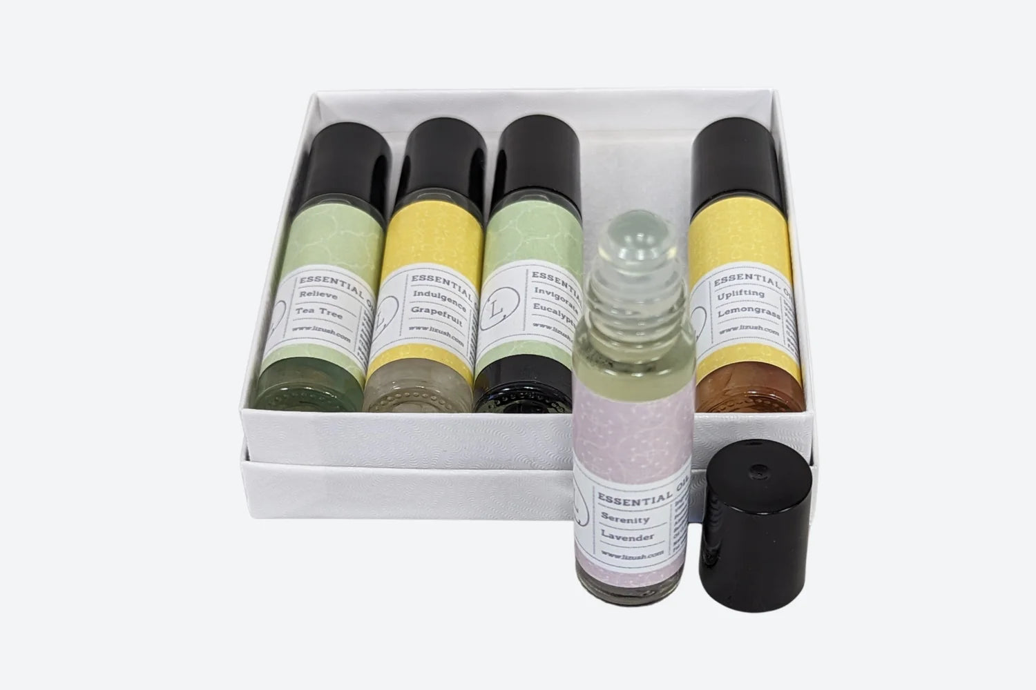 Essential Oils Roll-On Gift Set with Crystals – 5 All-Natural Aromatherapy Blends for Relaxation, Energy & Balance | Lavender, Eucalyptus, Lemongrass, Tea Tree & Grapefruit in White Gift Box