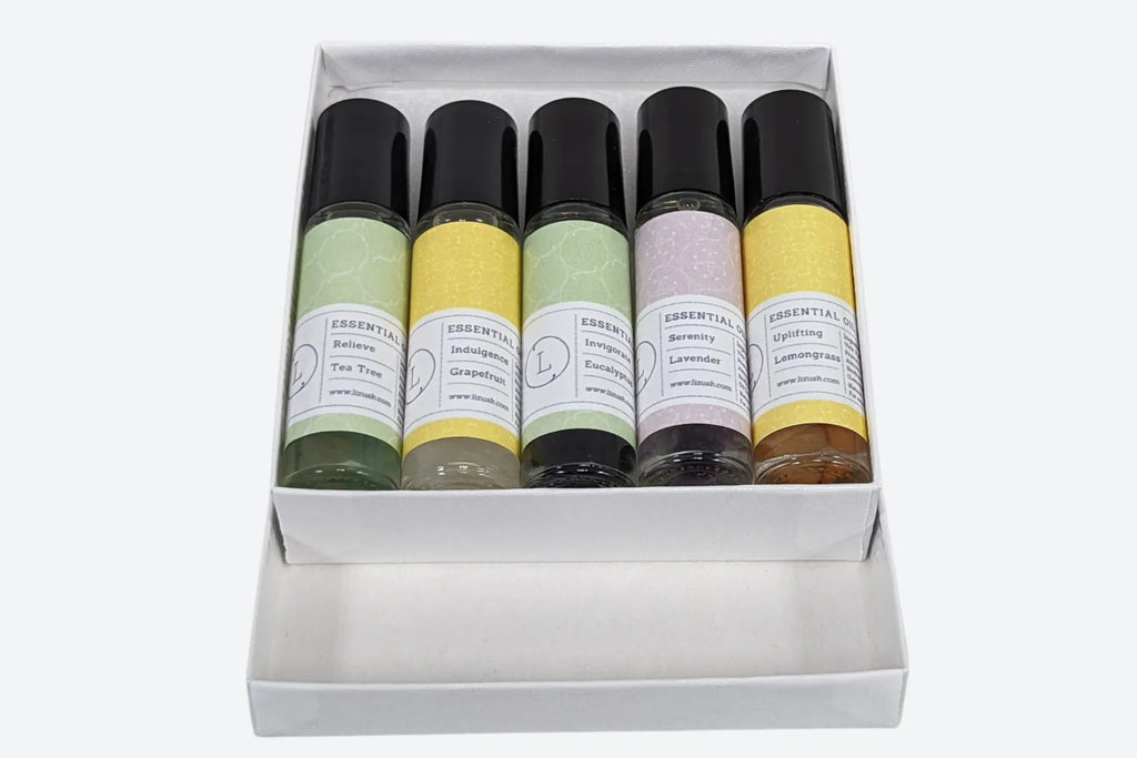 Essential Oils Roll-On Gift Set with Crystals – 5 All-Natural Aromatherapy Blends for Relaxation, Energy & Balance | Lavender, Eucalyptus, Lemongrass, Tea Tree & Grapefruit in White Gift Box